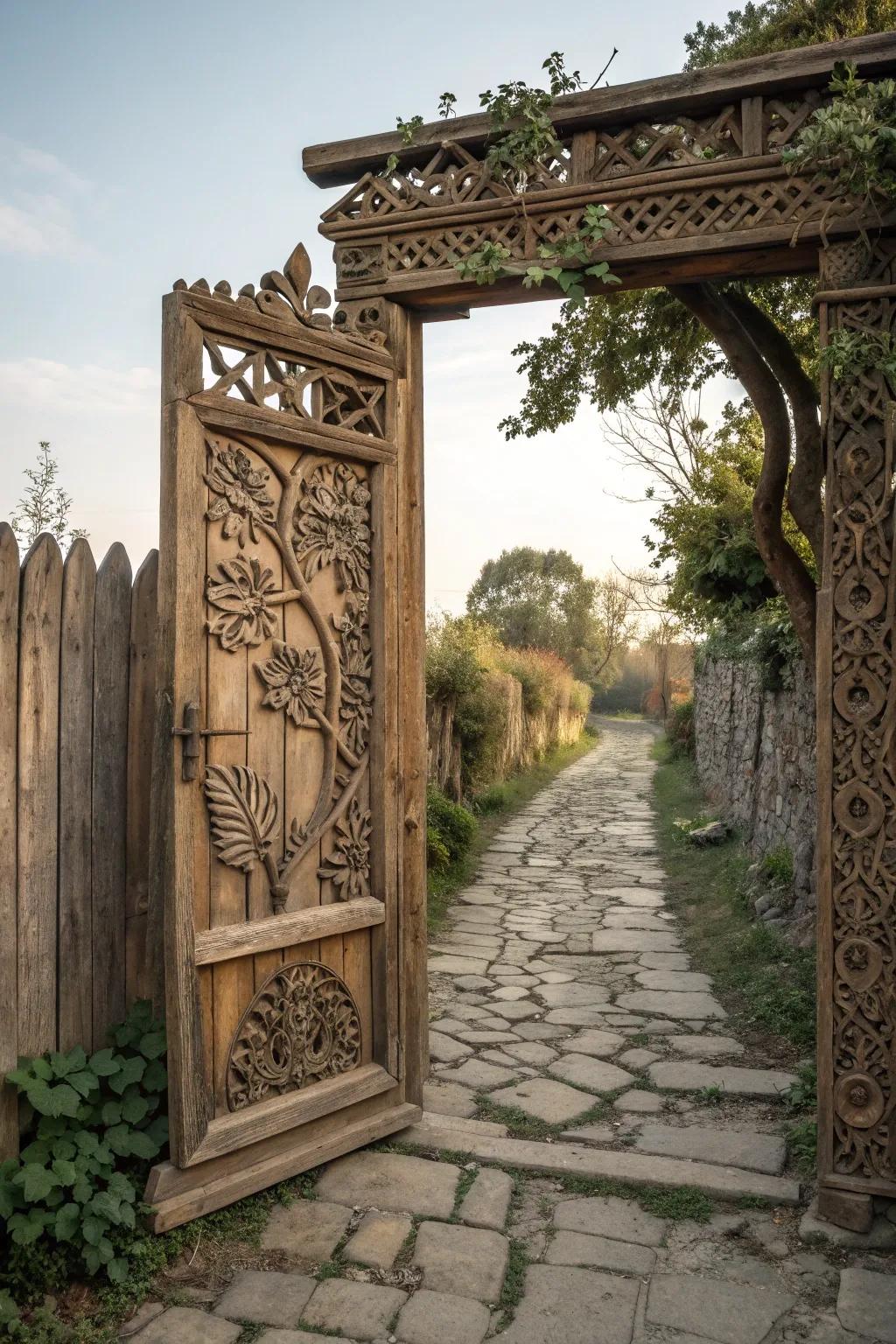 Custom-carved wooden gates add unique artistry to any entrance.