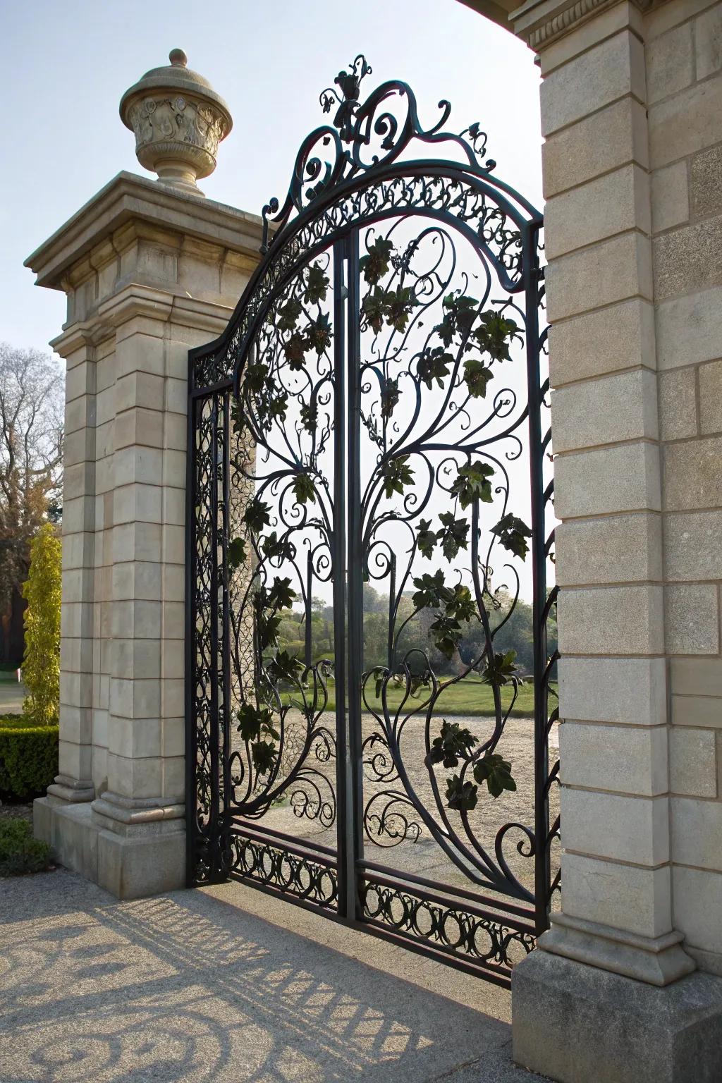 Wrought iron gates bring a touch of elegance to any countryside setting.