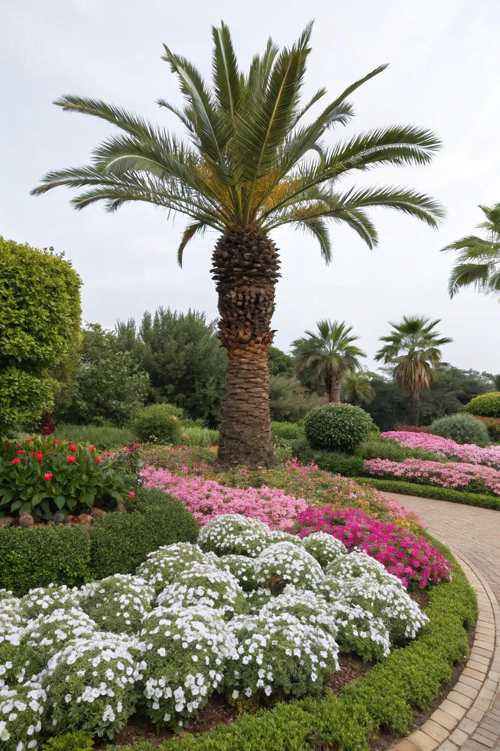 Windmill palms adding height and interest to garden beds.