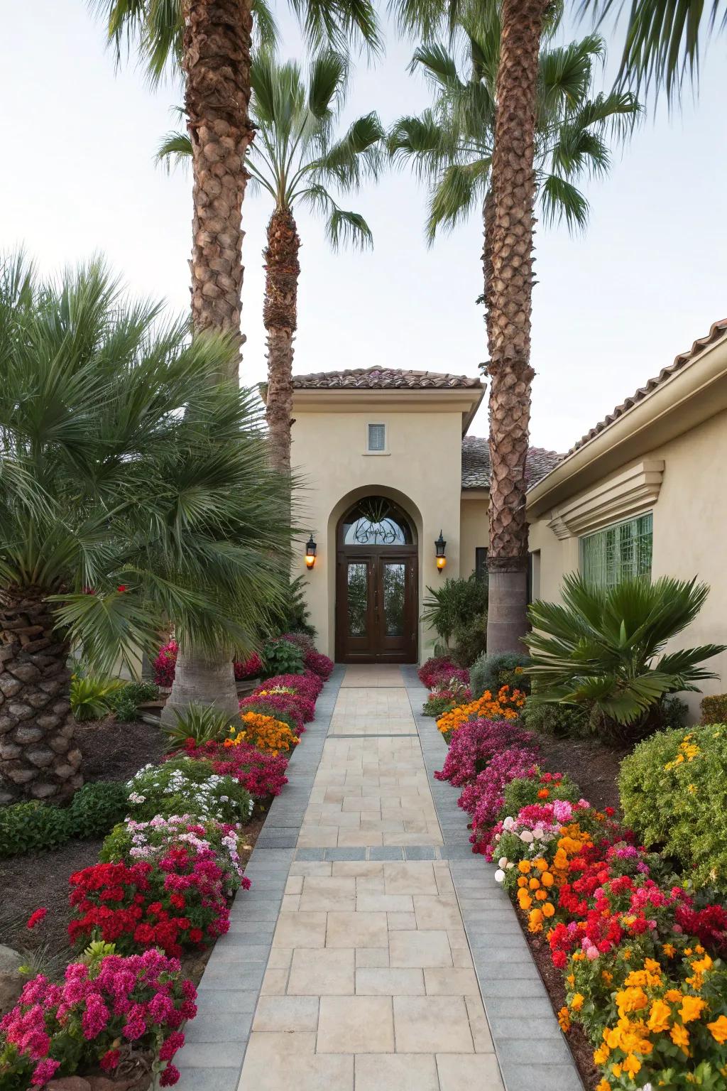 A tropical welcome with windmill palms at the entrance.
