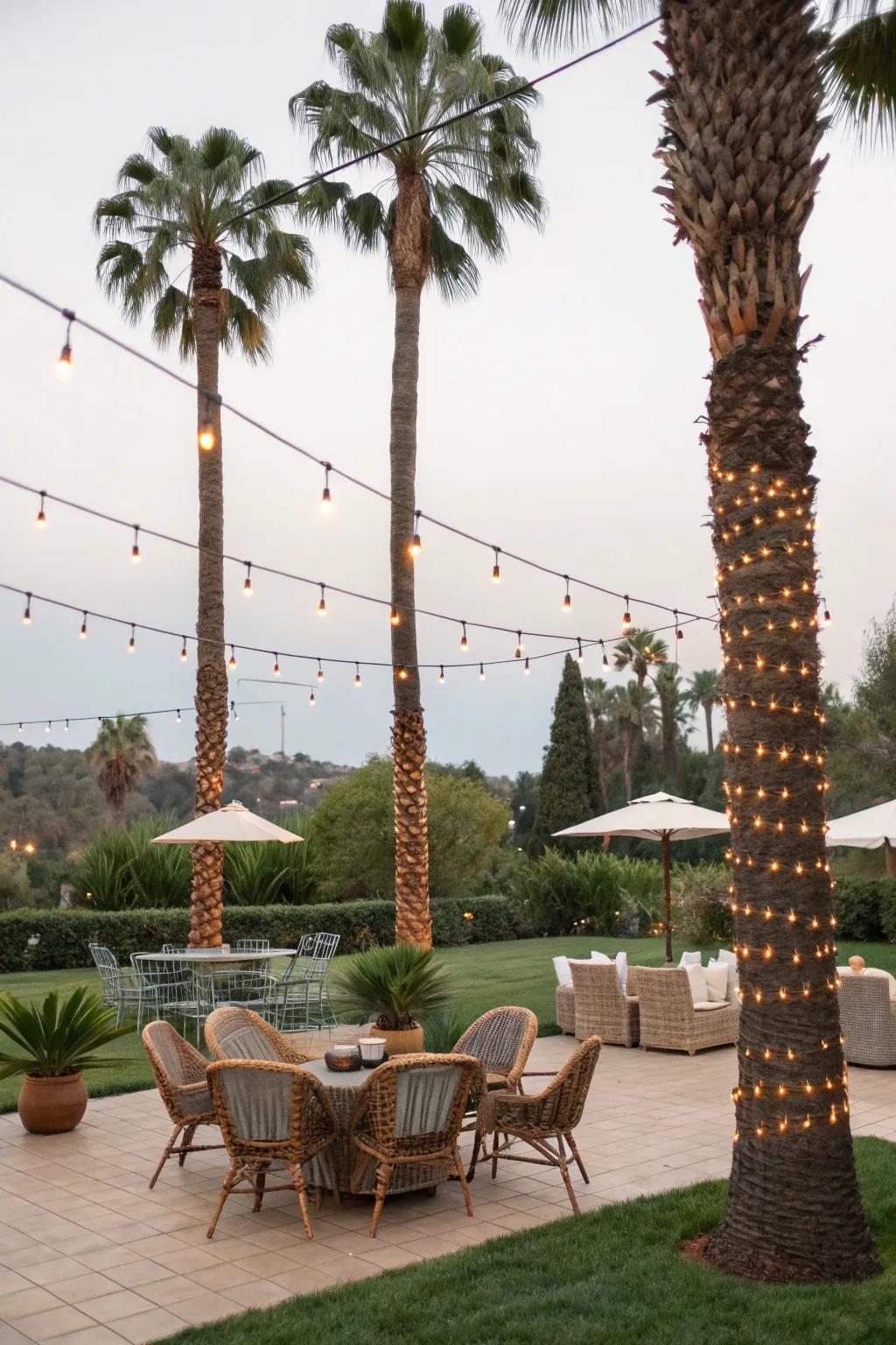 A festive outdoor entertaining space with windmill palms.