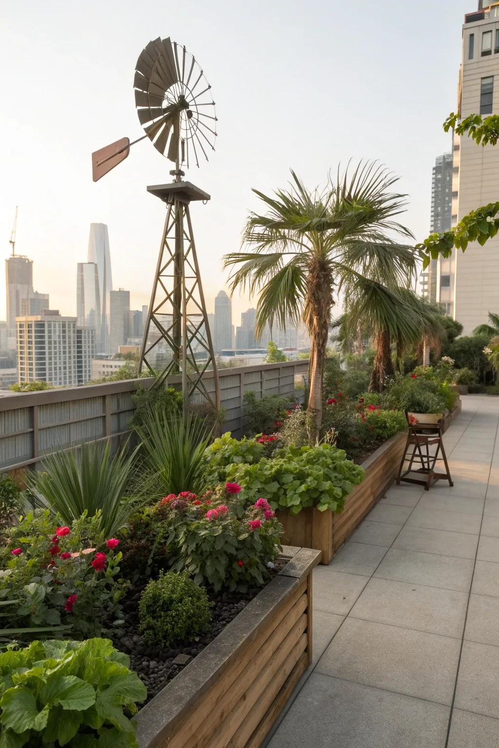 Windmill palms enhancing urban garden spaces.