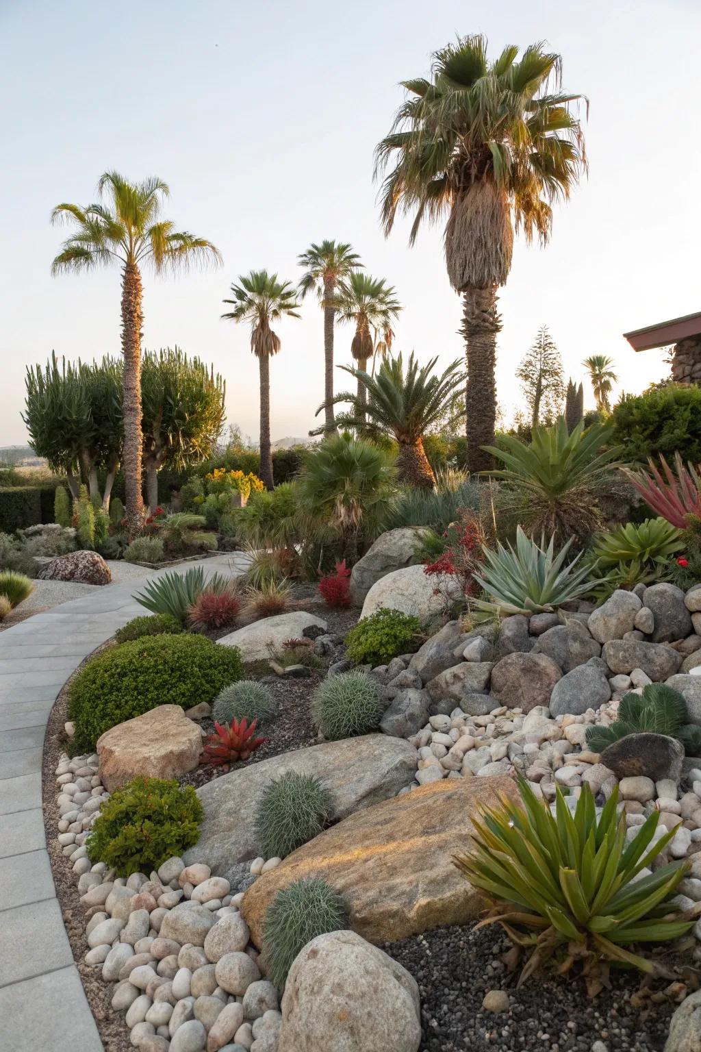 Windmill palms enhancing a rock garden's appeal.
