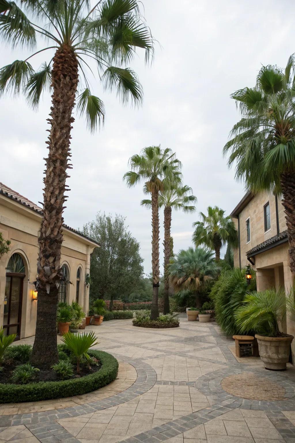Windmill palms bringing greenery to courtyard settings.