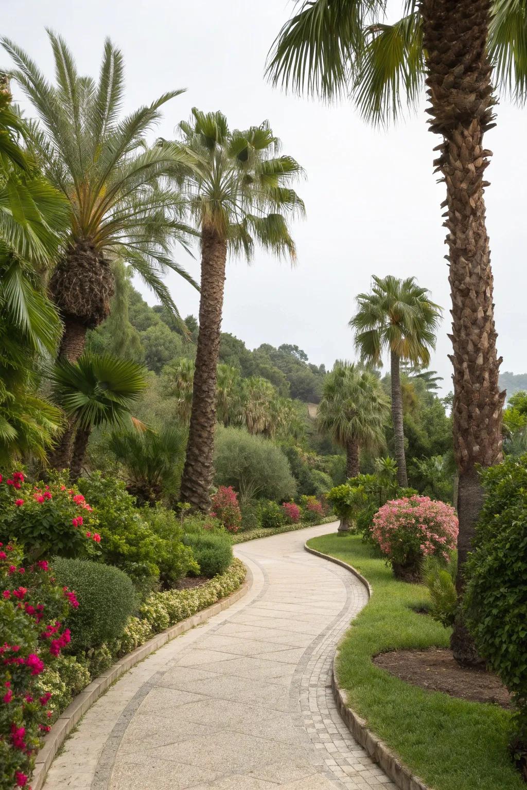 A garden pathway bordered by elegant windmill palms.
