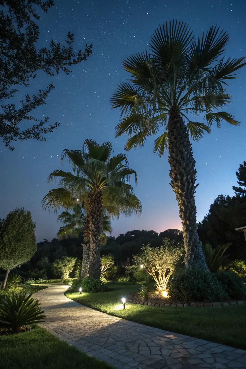 Windmill palms beautifully highlighted with evening lighting.
