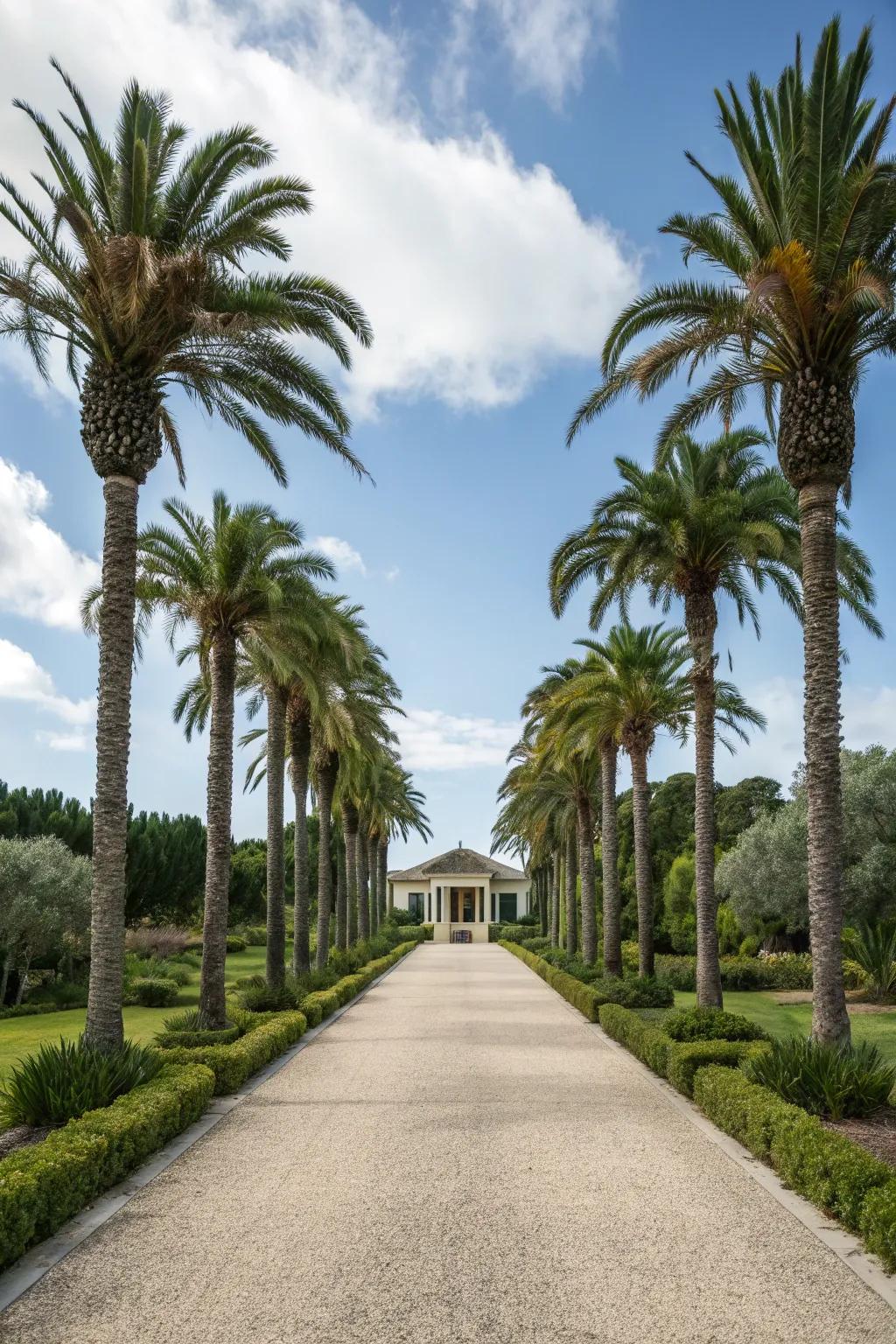 A grand driveway lined with elegant windmill palms.