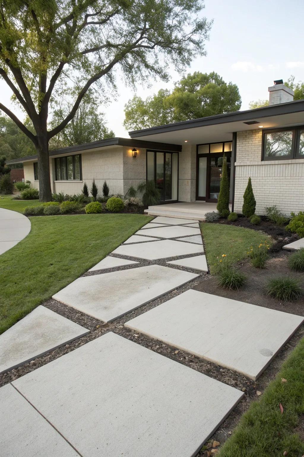 Geometric pathways add a modern touch to the entry.
