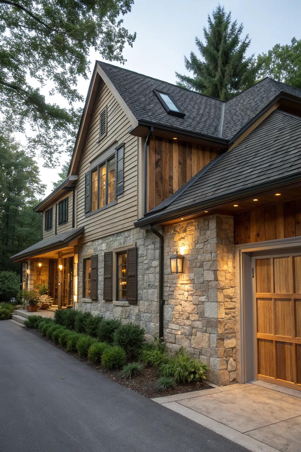 Stone and wood elements enhance the mid-century modern aesthetic.