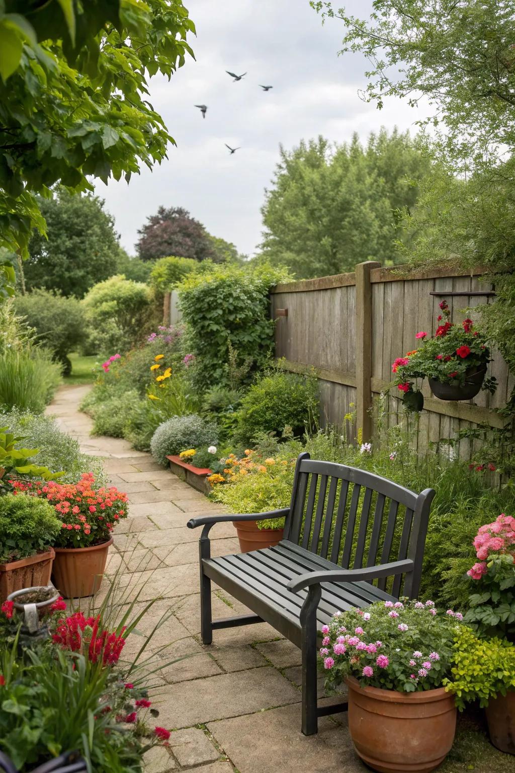 A garden bench beautifully framed by a diverse collection of potted plants.