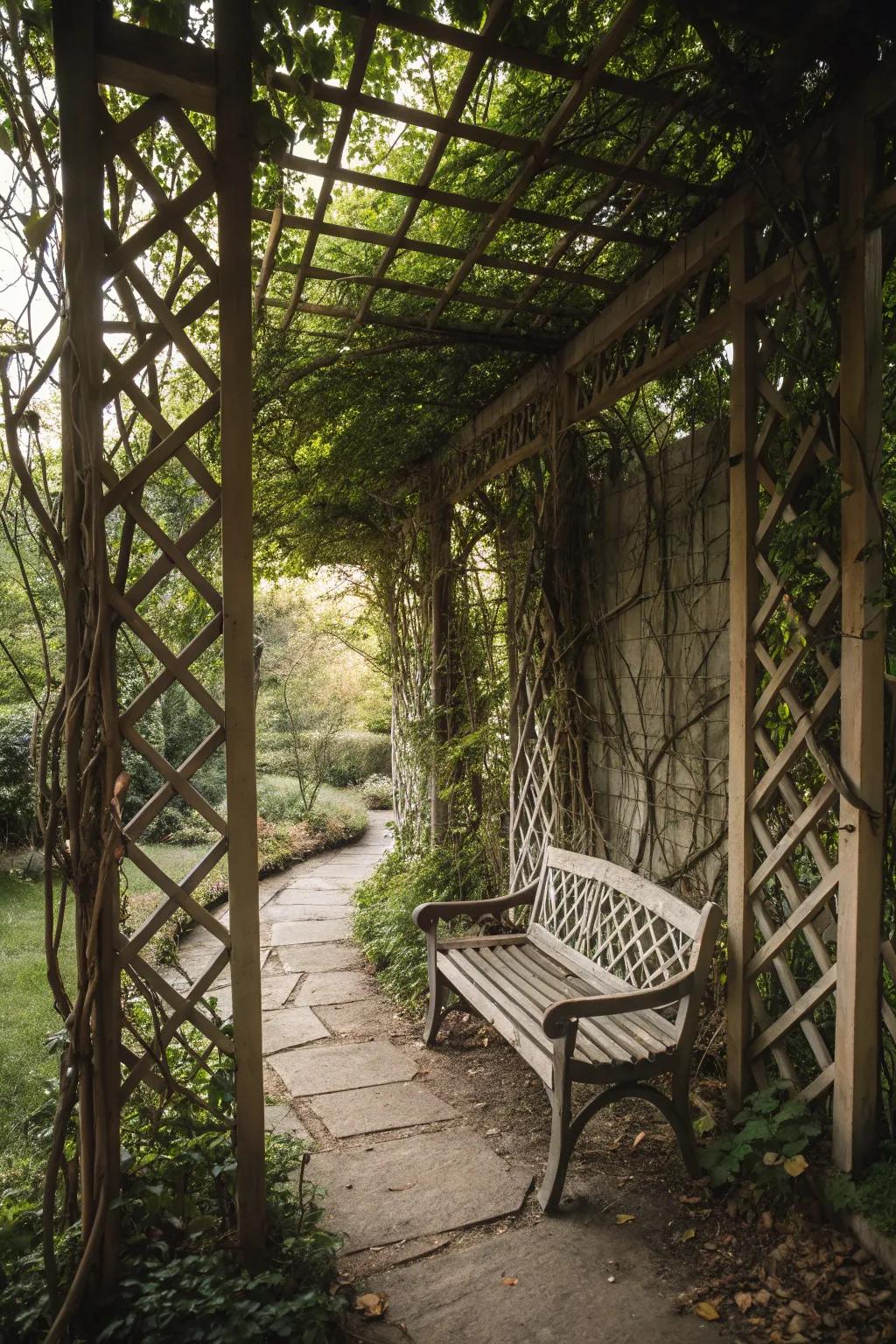 A secluded garden bench hideaway, providing a private retreat within the garden.
