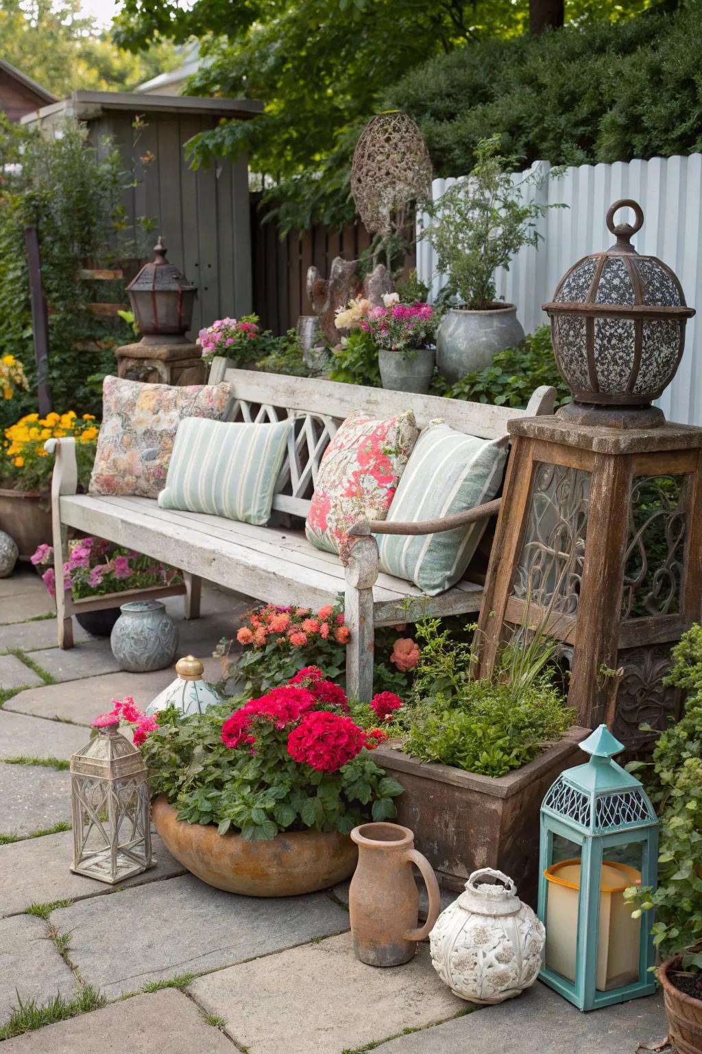 An eclectic garden bench setting, showcasing a mix of styles and personal touches.