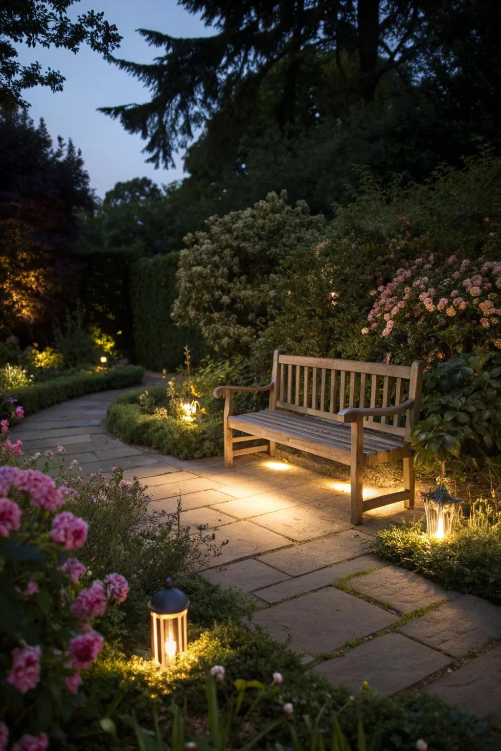 A garden bench beautifully highlighted by ground lighting, enhancing the nighttime ambiance.