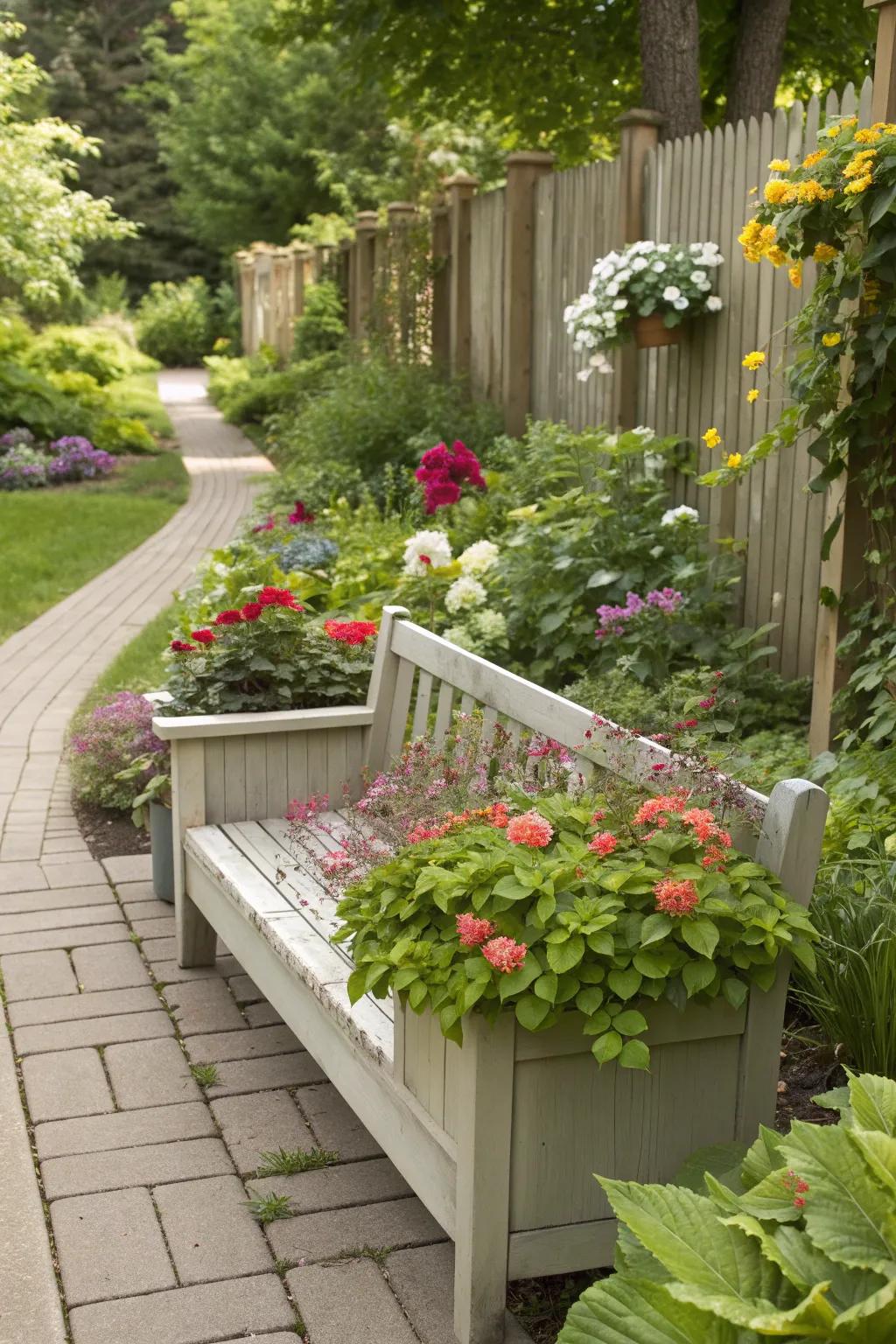 A garden bench with built-in planters, seamlessly integrating greenery into the design.