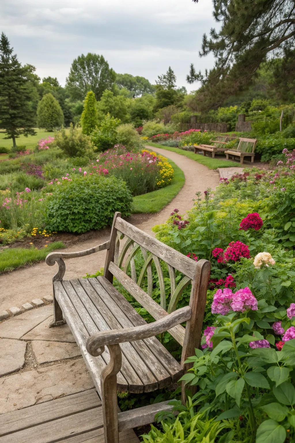 A garden bench complemented by rustic wooden elements, enhancing its natural charm.