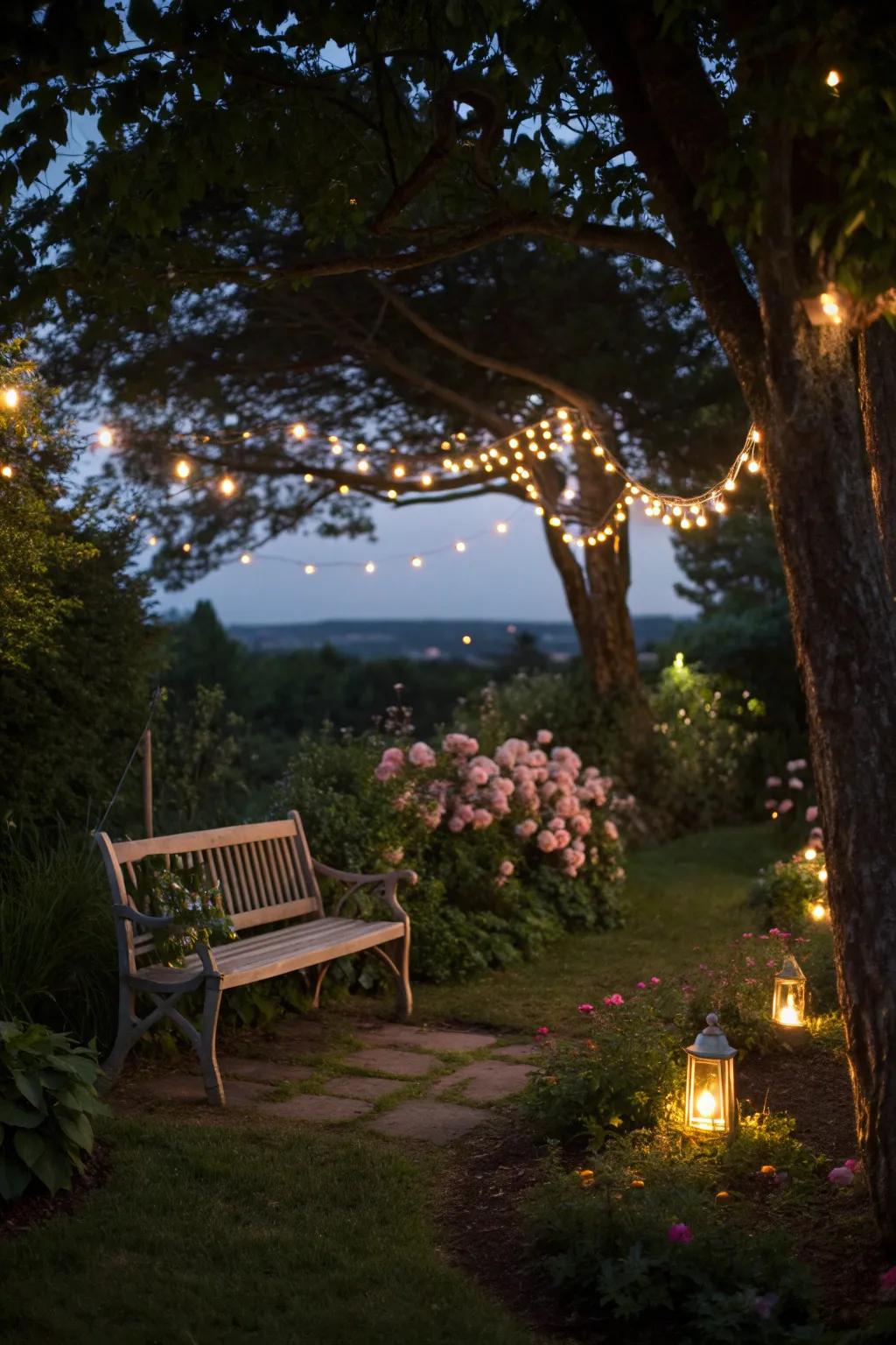 A garden bench softly lit by string lights, setting a magical evening ambiance.