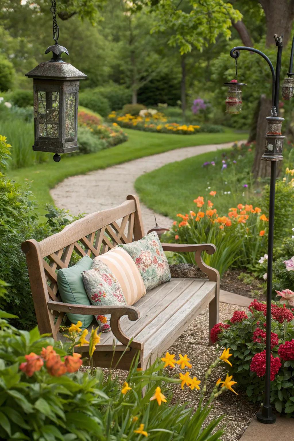 A garden bench with nearby bird feeders, inviting wildlife and enhancing the garden experience.