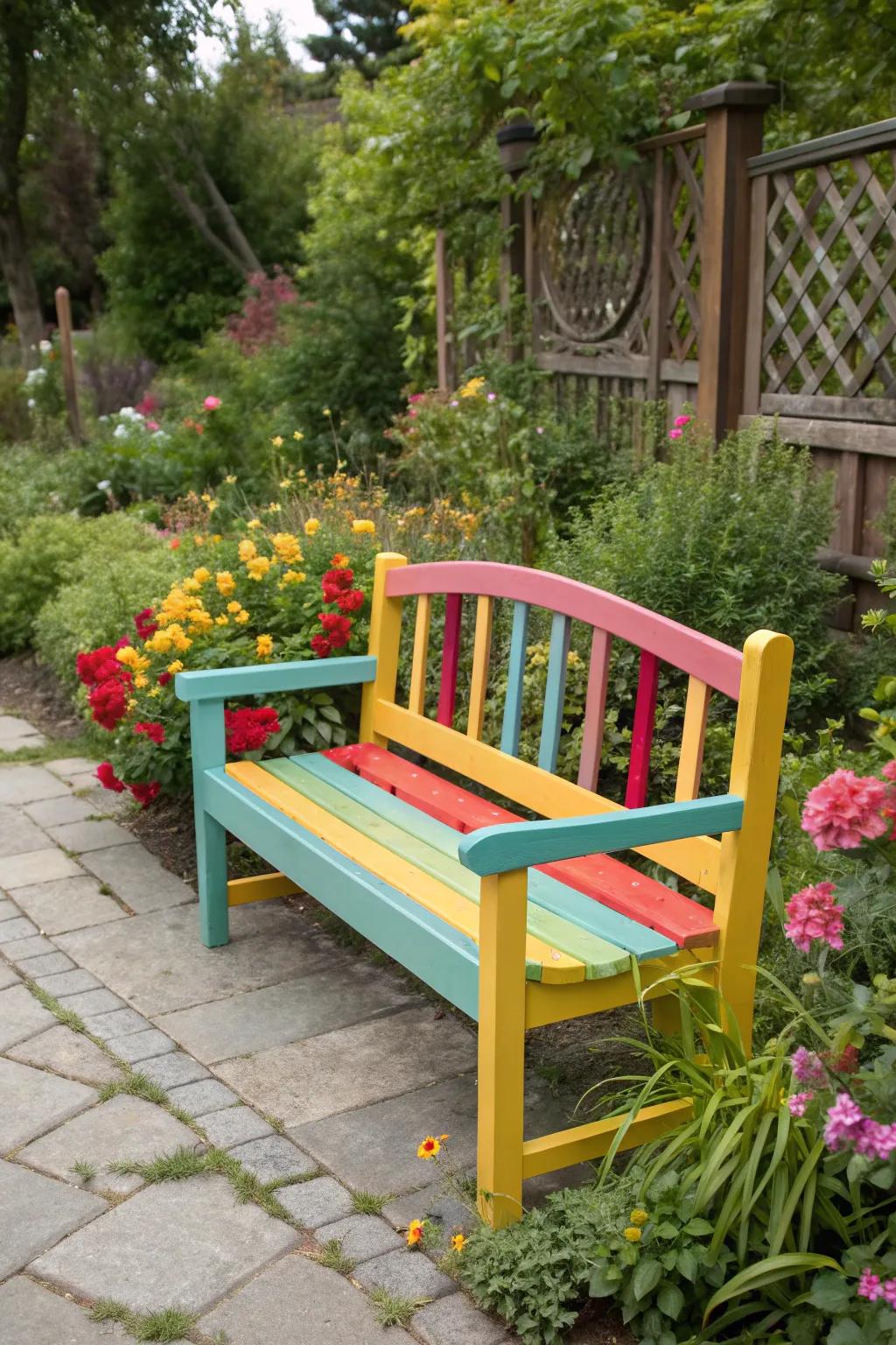 A garden bench with a fresh coat of bright paint, bringing a pop of color to the garden.