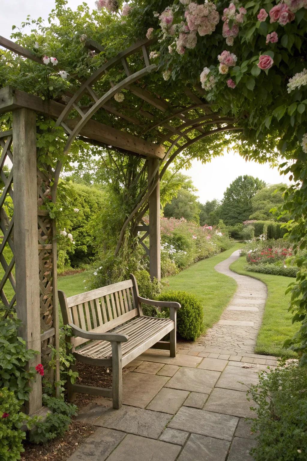 A garden bench elegantly framed by a garden arbor, creating a picturesque setting.