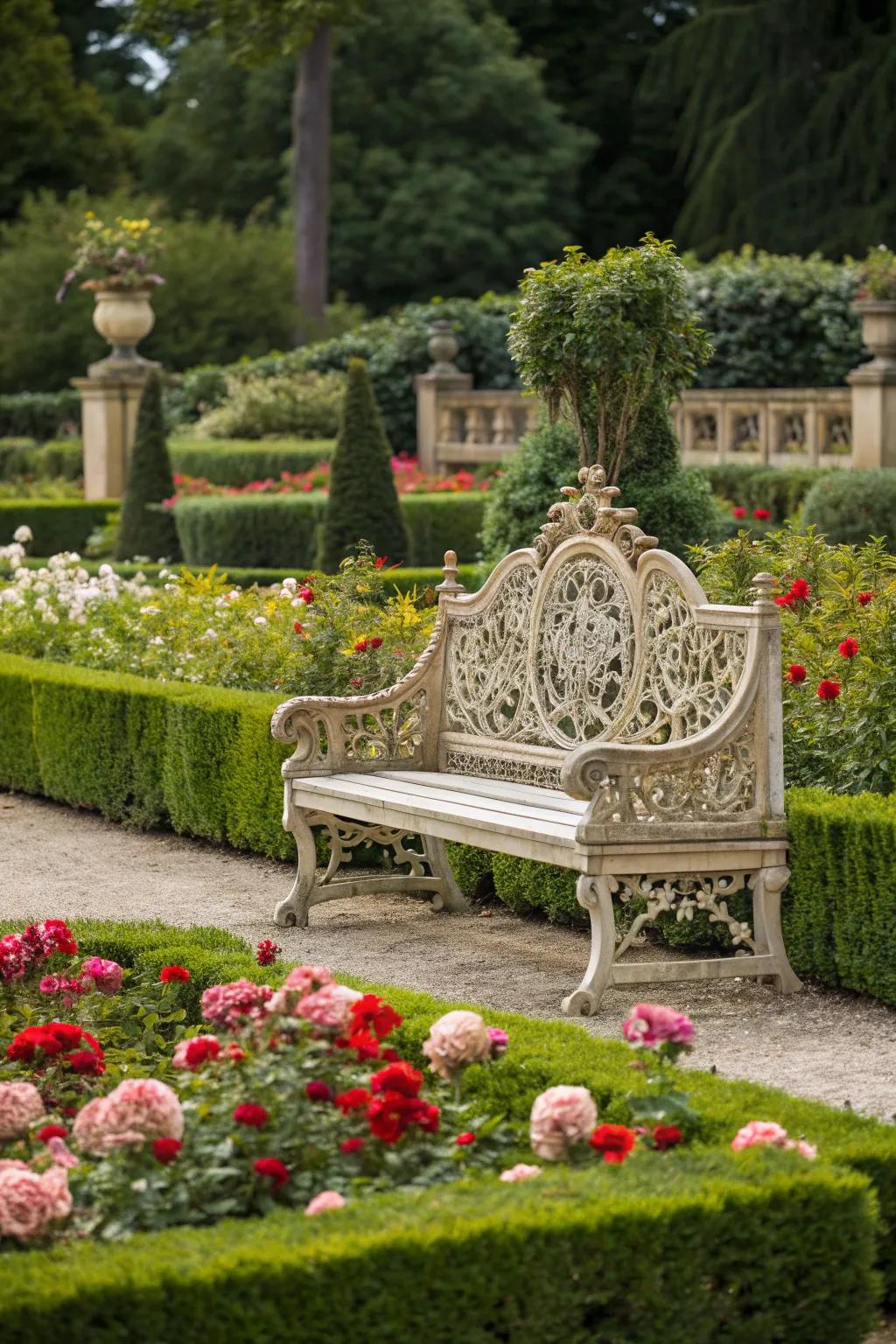 An ornate garden bench with intricate designs, creating a stunning focal point.