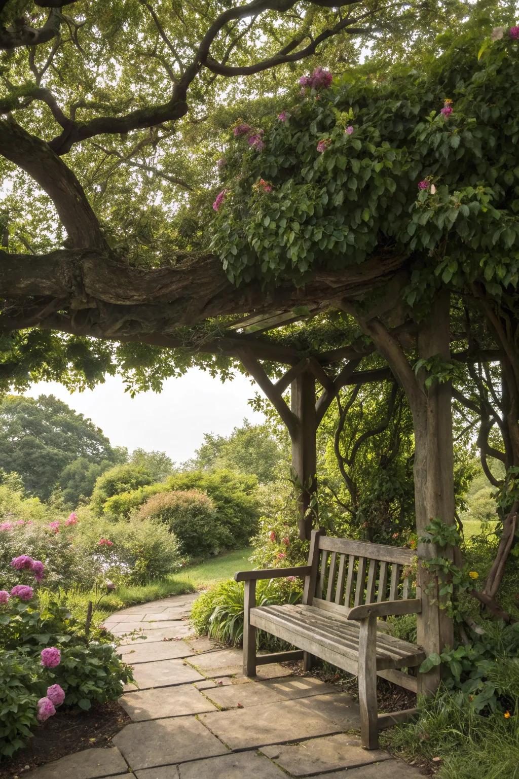 A garden bench nestled under a tree, offering a cool and shaded retreat.
