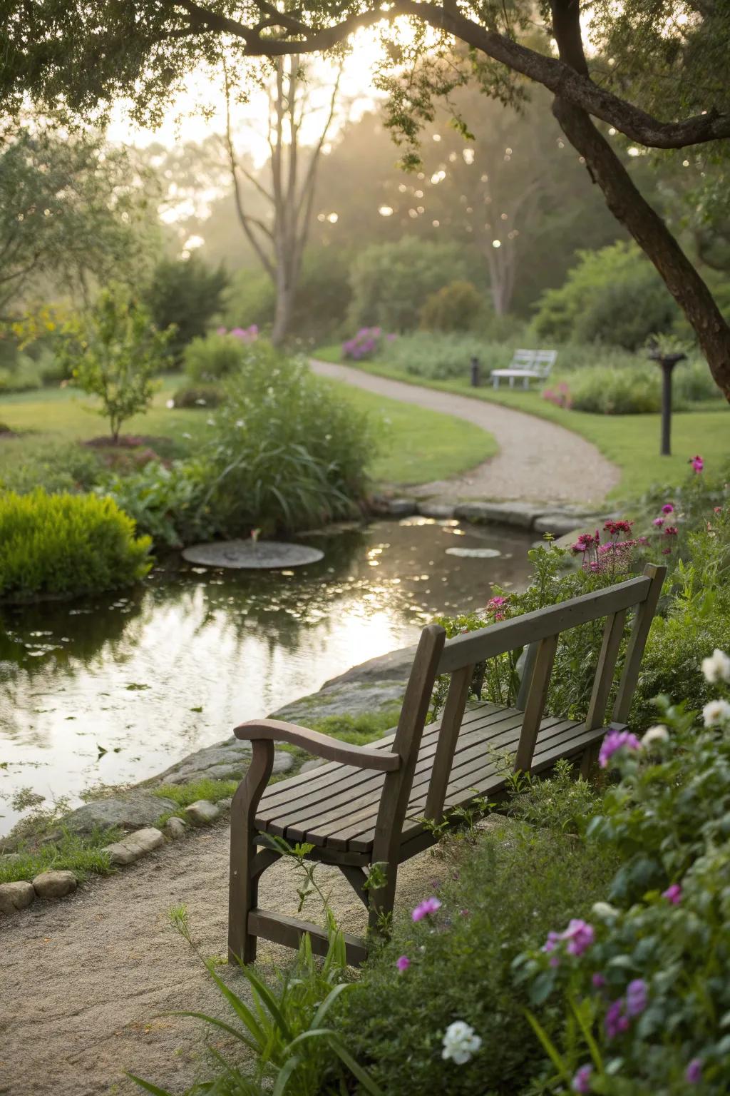 A garden bench beside a tranquil water feature, adding a calming element to the garden.