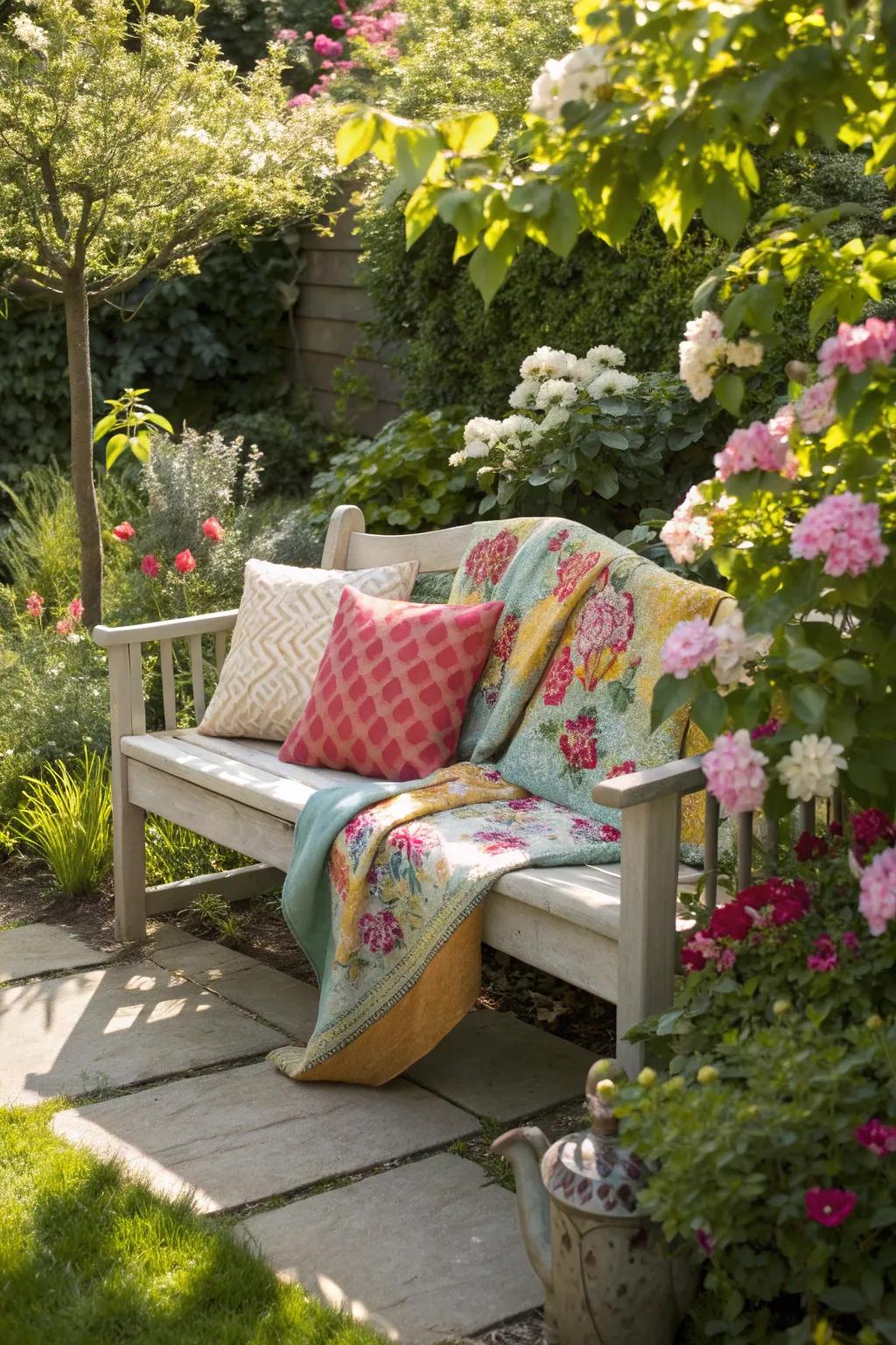 A garden bench adorned with colorful cushions, creating a cozy nook for relaxation.