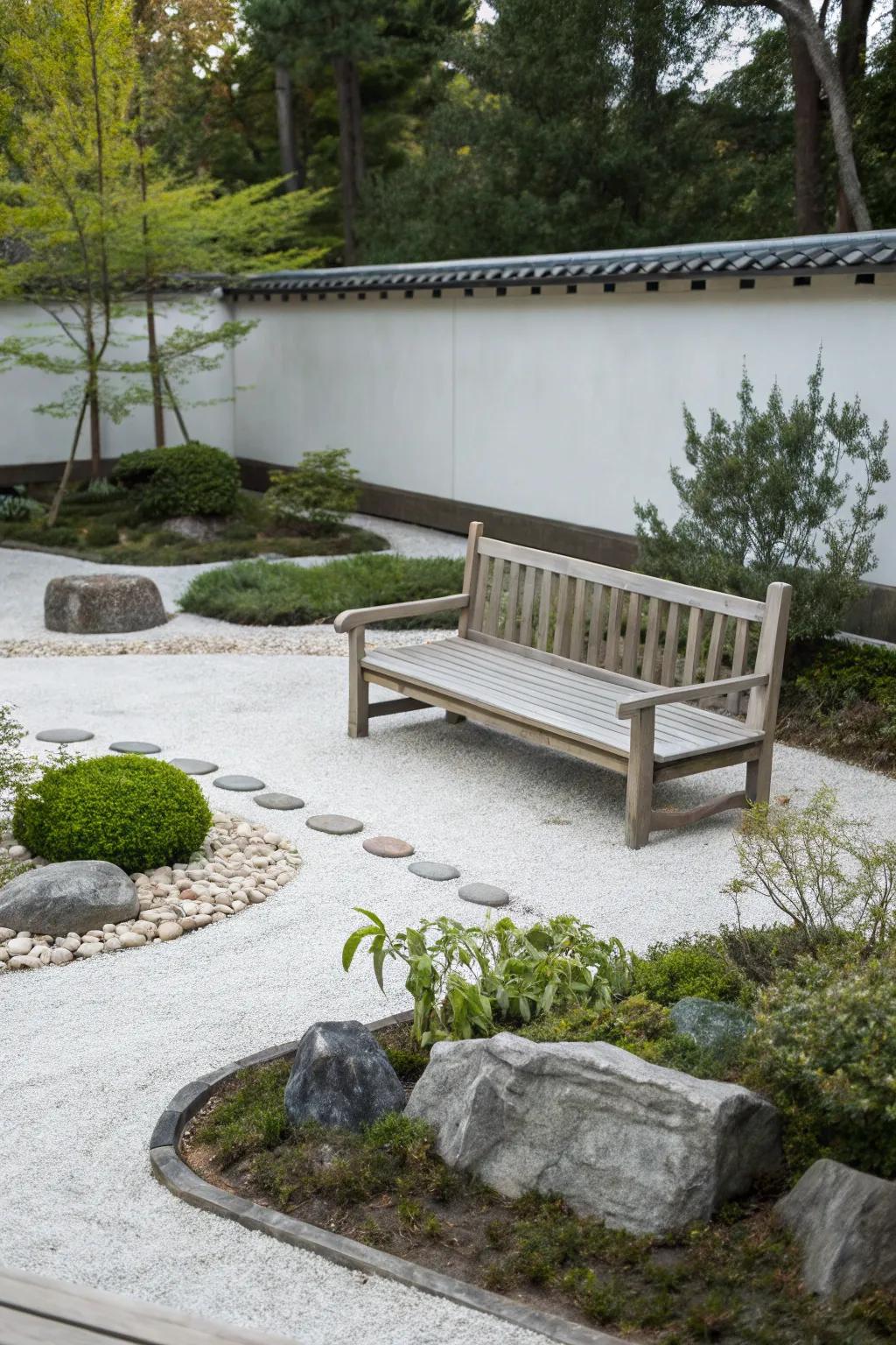 A garden bench in a Zen-inspired space, exuding simplicity and tranquility.