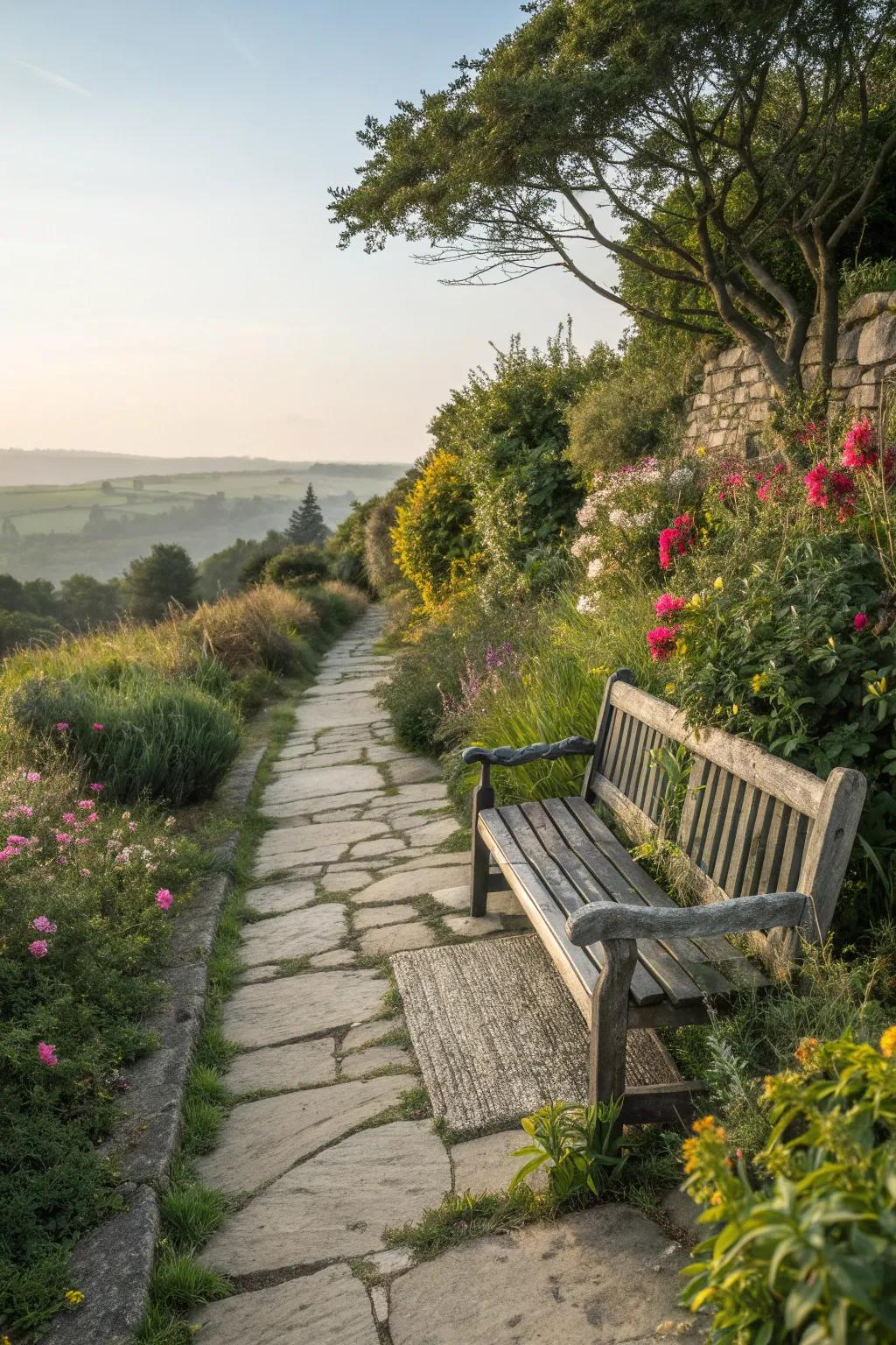 A garden bench along a stone pathway, blending functionality with style.
