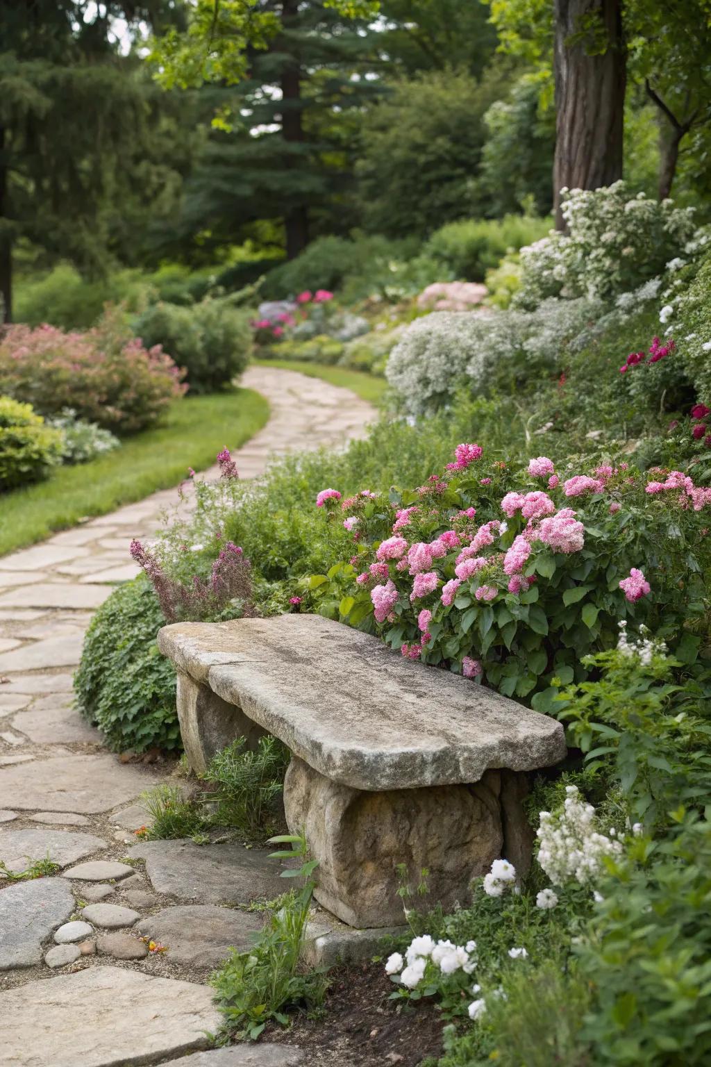 A natural stone garden bench, offering a rustic and timeless addition to the garden.