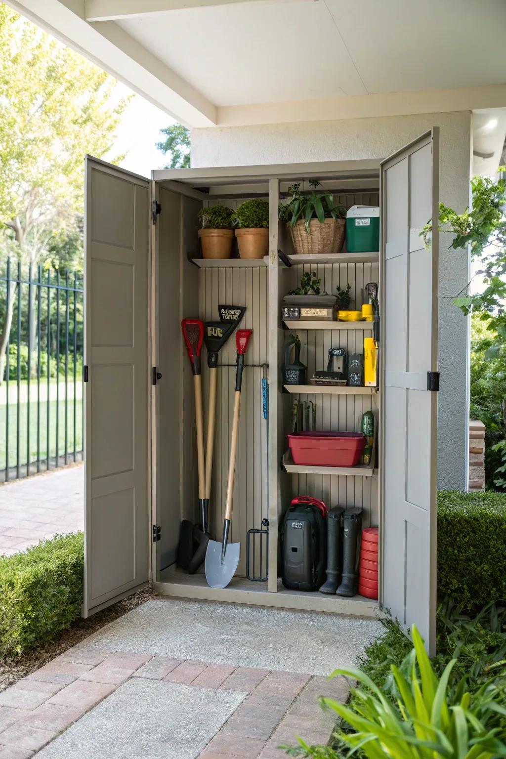 Shelving inside cabinets keeps everything tidy and easily accessible.