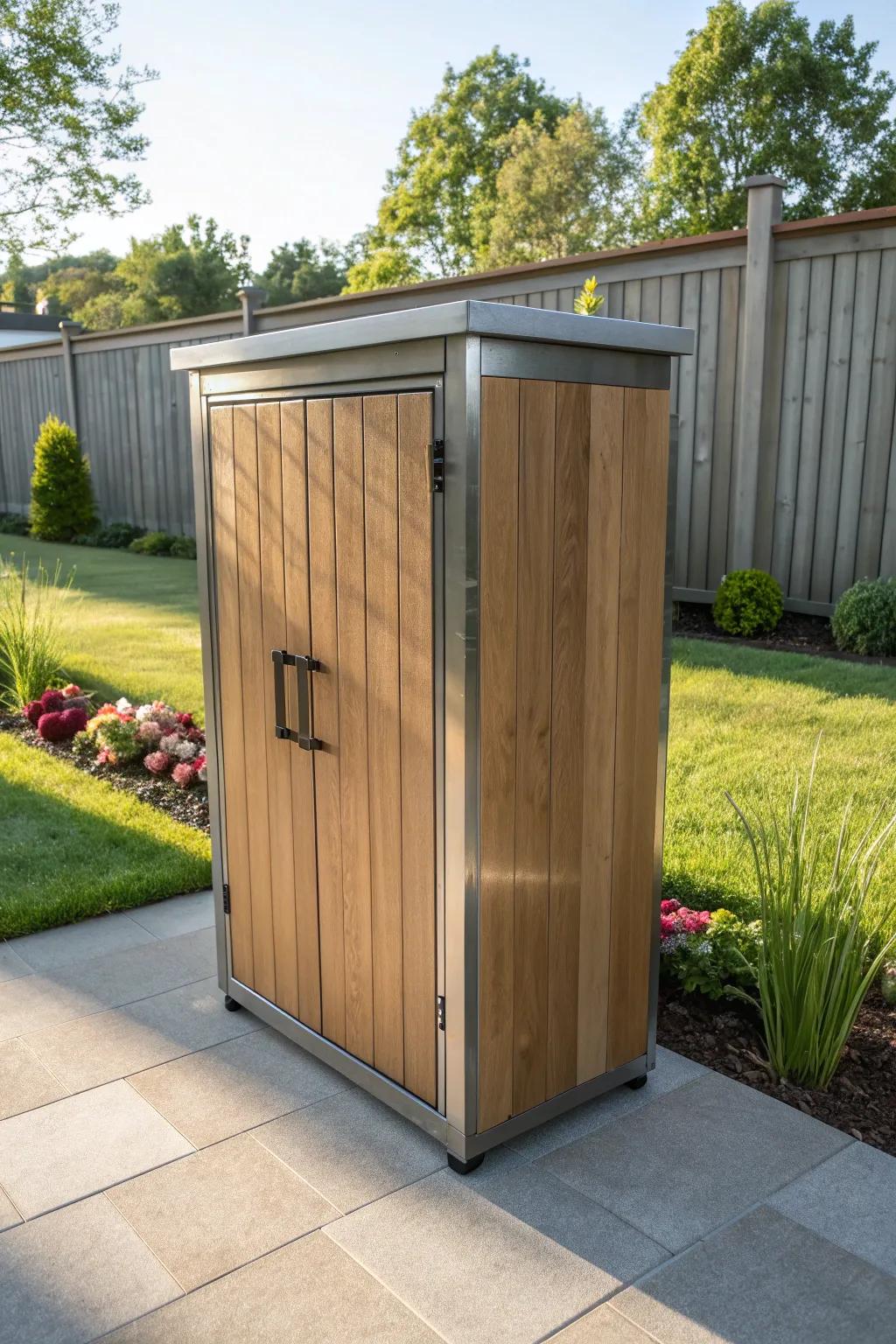 A metal cabinet that stands strong against the elements, adding style to your garden.