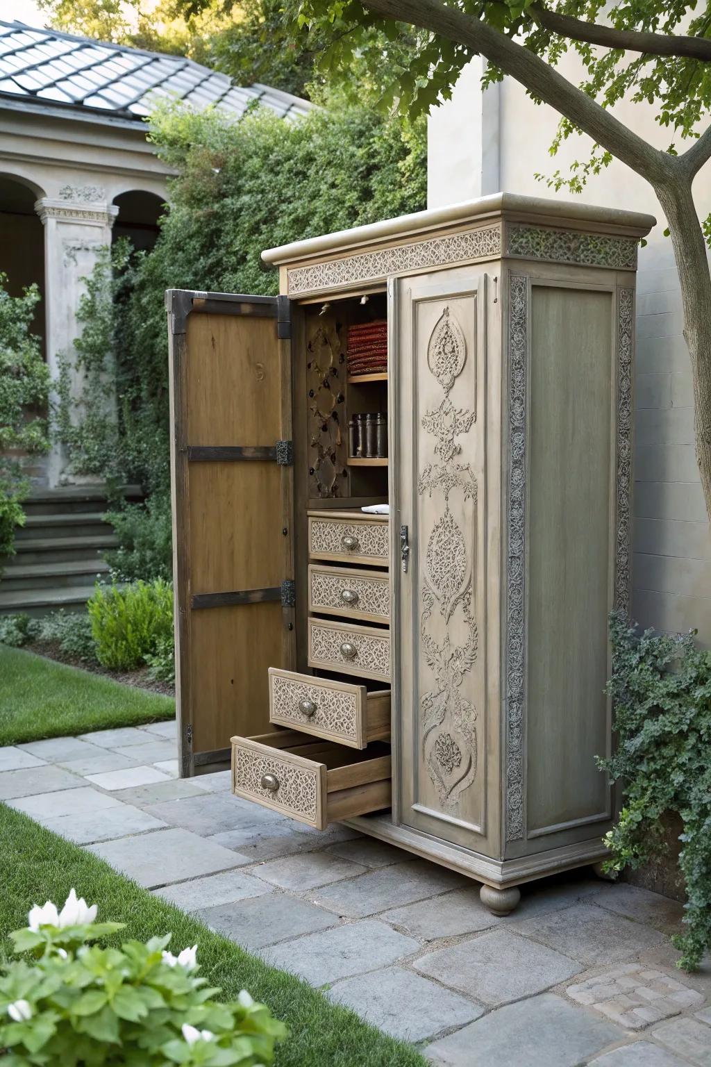 Add intrigue to your garden with storage solutions that hide treasures.