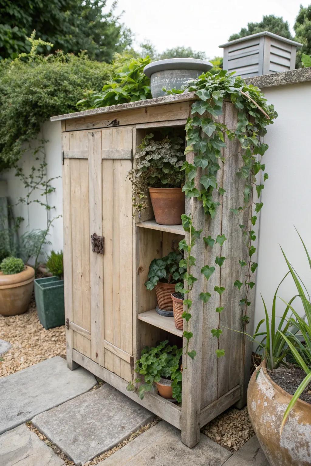 Integrate your storage into the garden with decorative greenery.