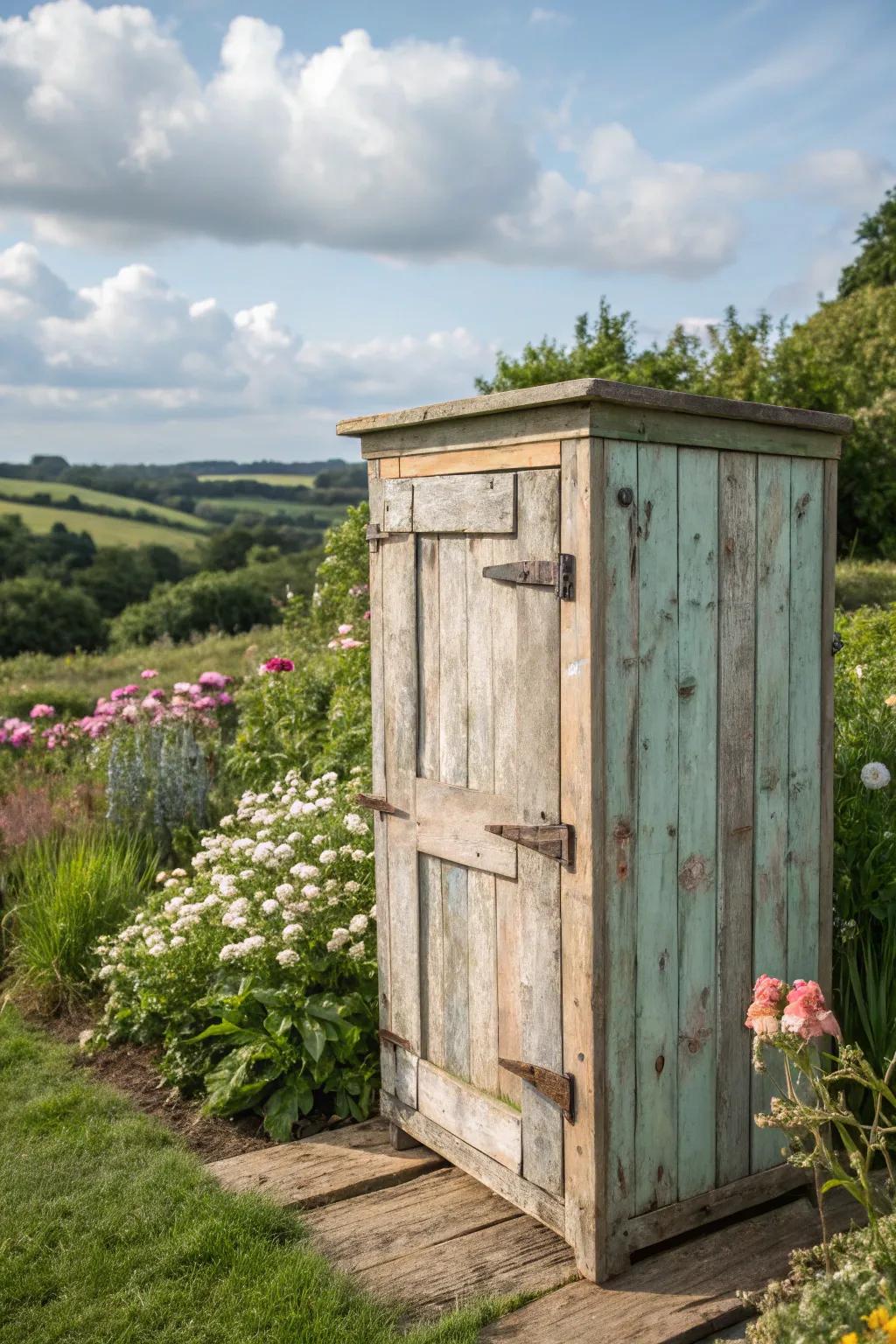 Reclaimed wood adds warmth and charm to your outdoor storage solution.