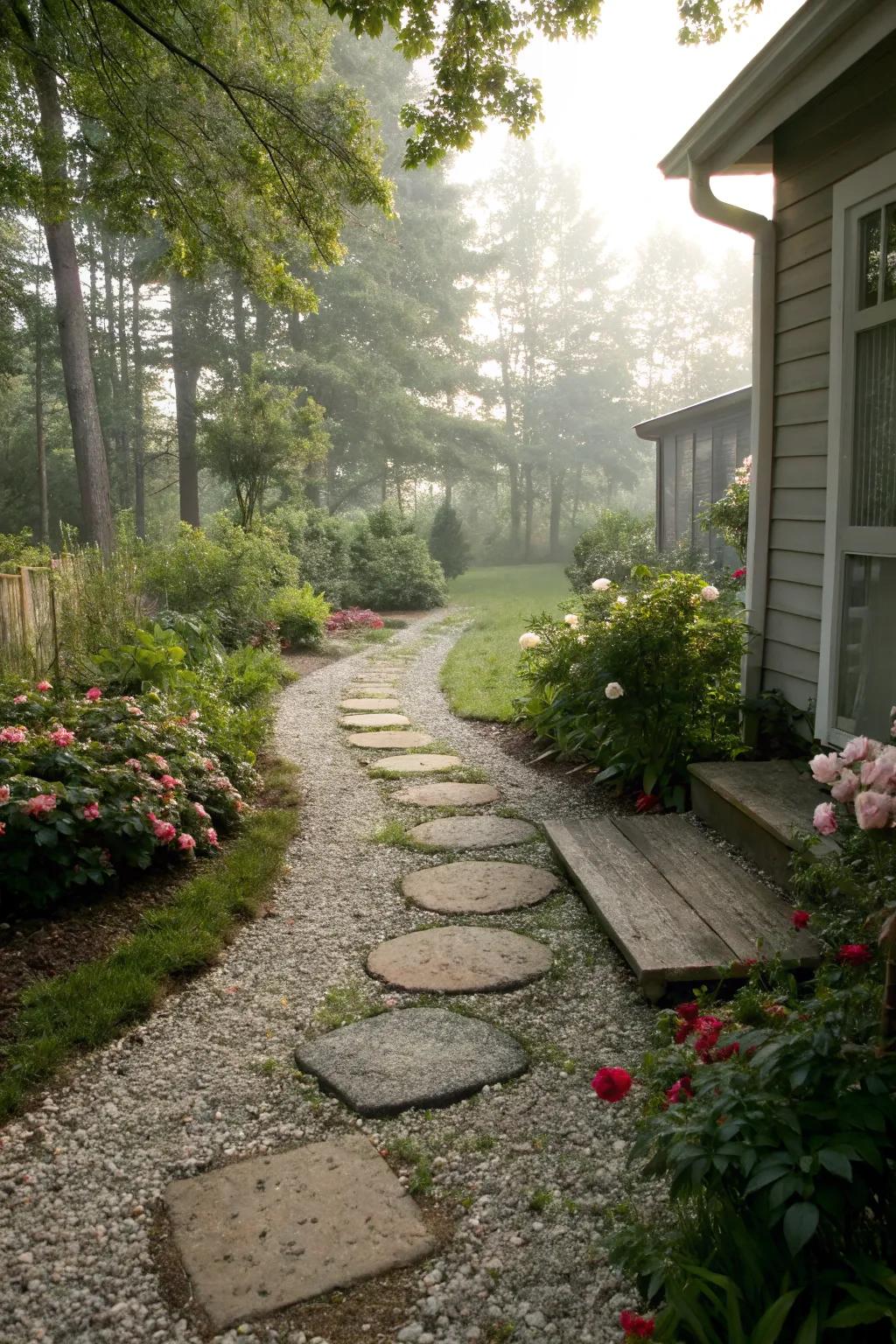 Gravel walkways offer casual elegance and rustic charm.