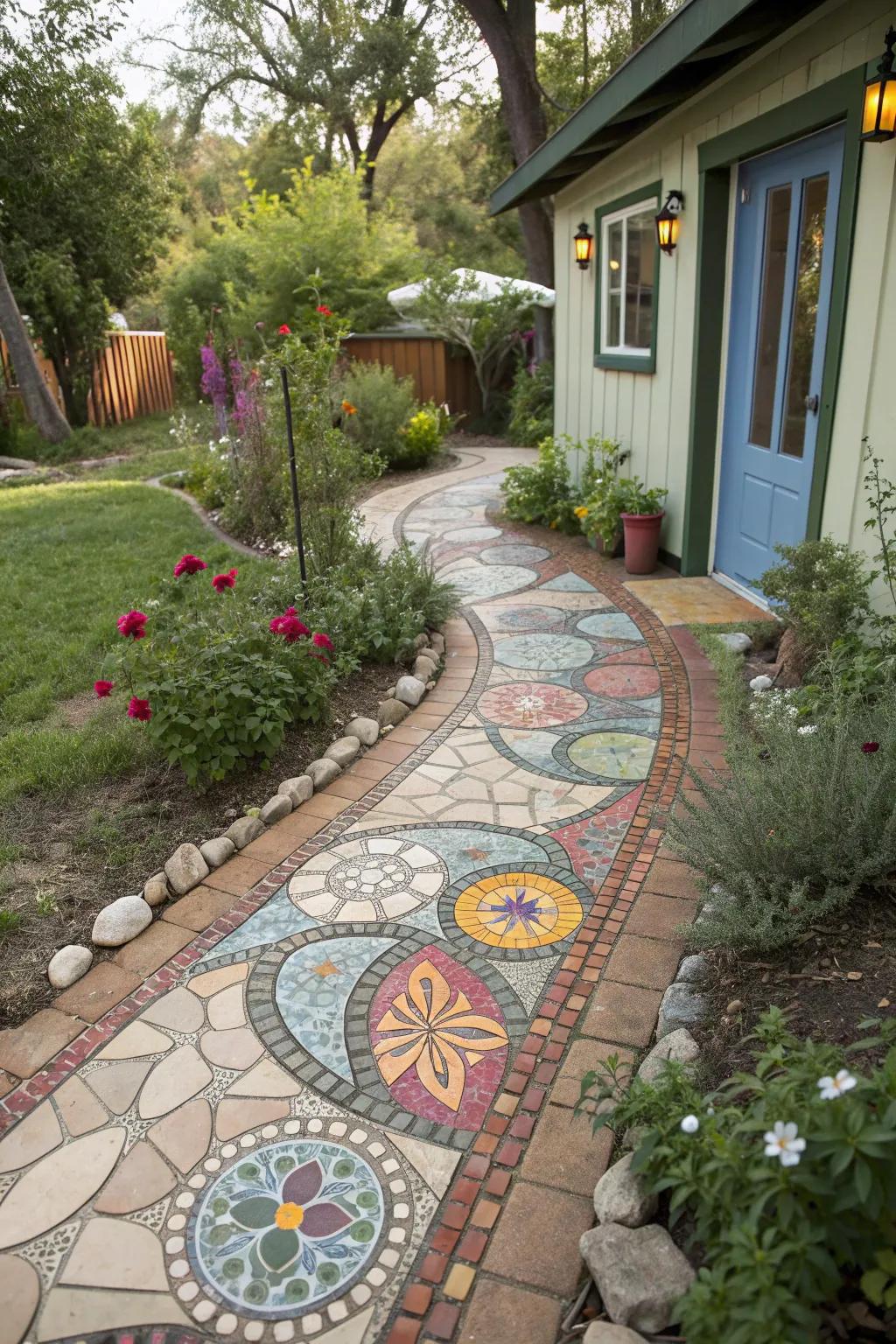 Mosaic designs add a splash of creativity to walkways.