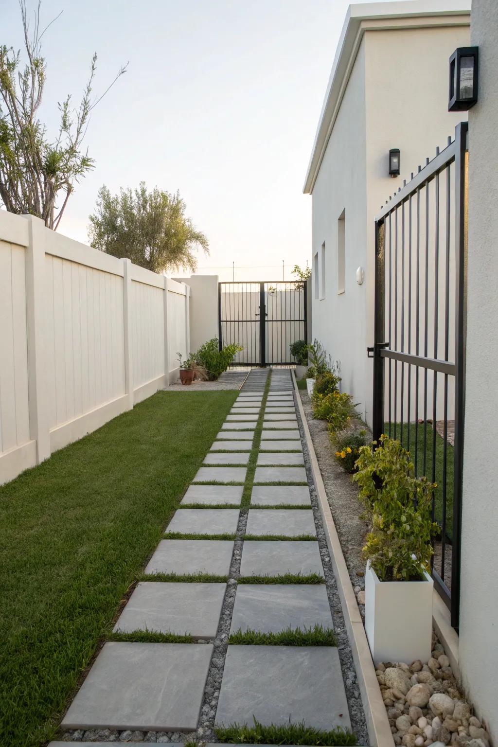 Minimalist design brings a modern touch to side yard walkways.