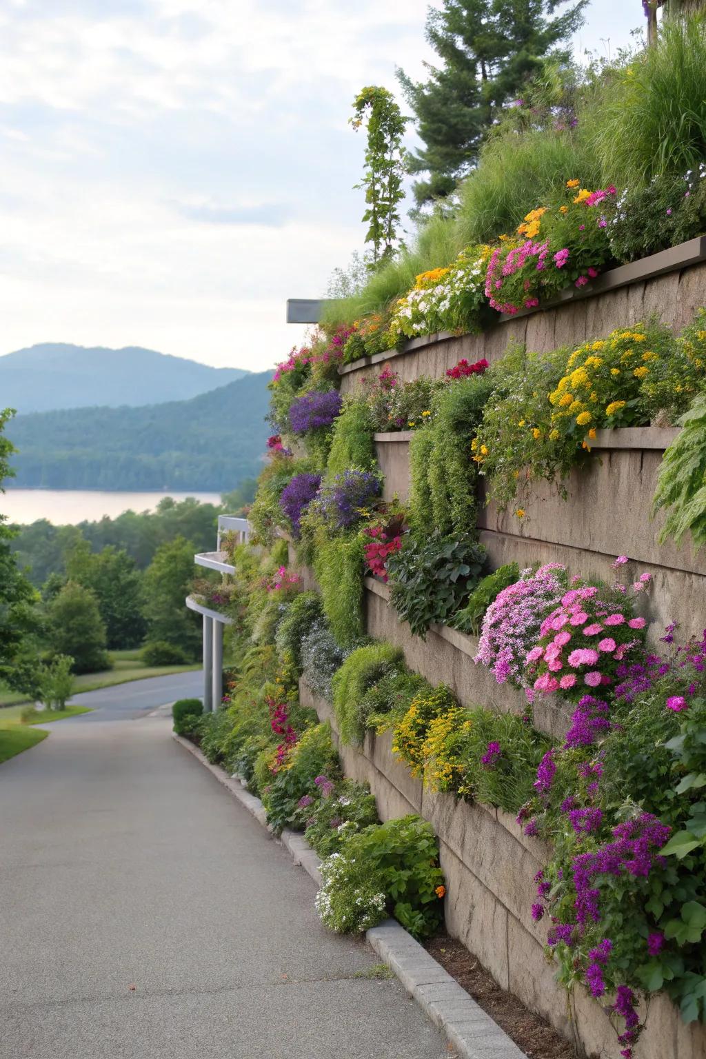 A tiered driveway wall adorned with lush plants and vibrant flowers.