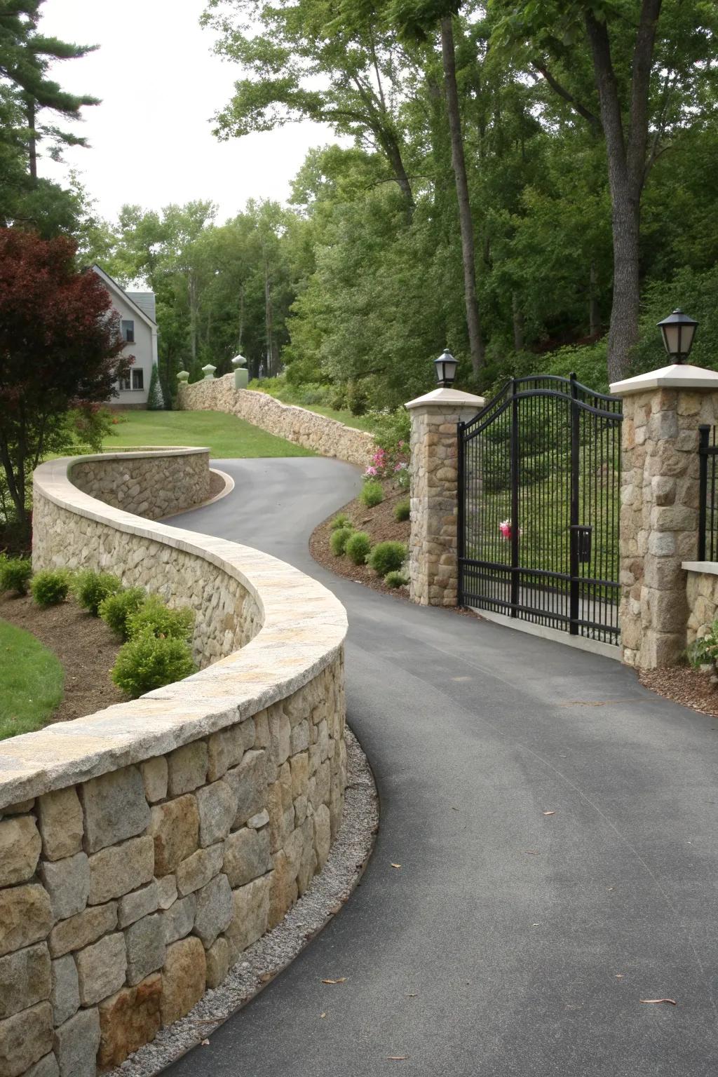 A driveway enhanced by a gracefully curved stone wall.