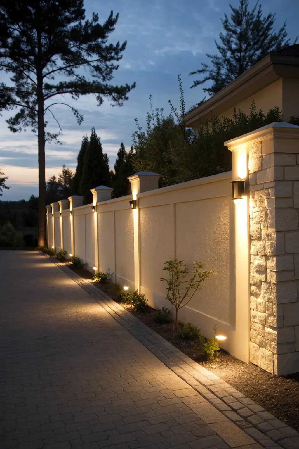 A driveway wall beautifully illuminated with integrated lighting.