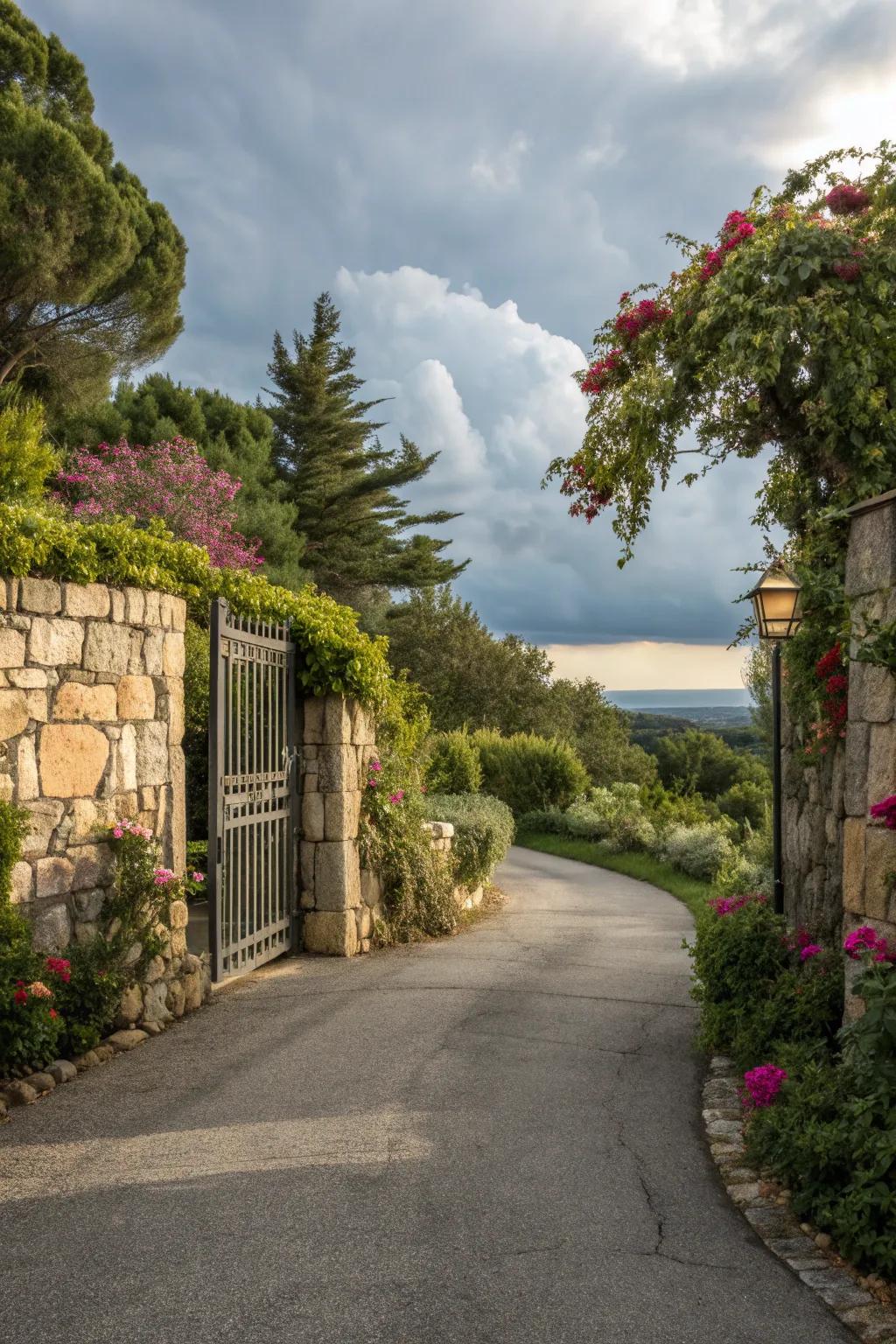 A driveway featuring a natural stone wall with a lush garden backdrop.