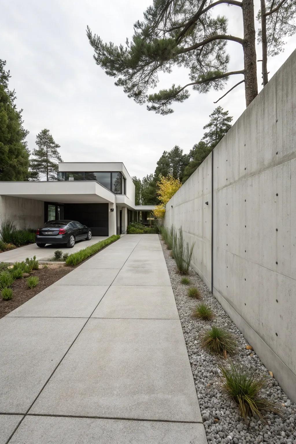 A modern driveway bordered by sleek concrete walls and minimalist landscaping.