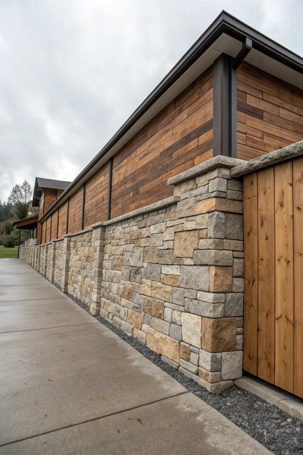 A driveway wall showcasing a multi-textured combination of stone and wood.
