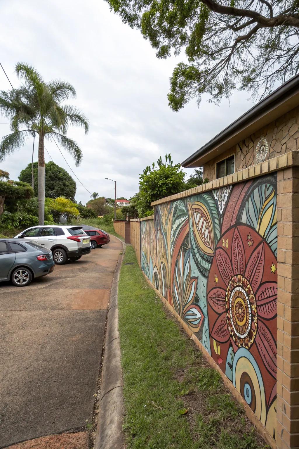 A driveway wall featuring an extraordinary artistic mural.
