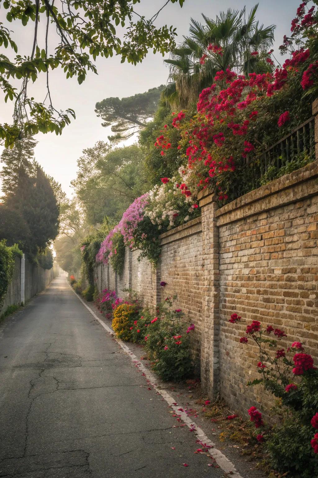A classic brick wall along a driveway, surrounded by flowering plants.