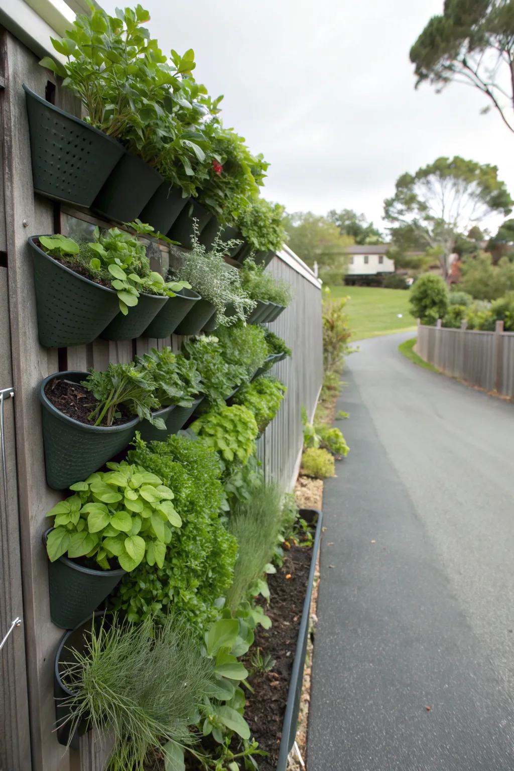 A driveway wall transformed into a vertical herb garden.