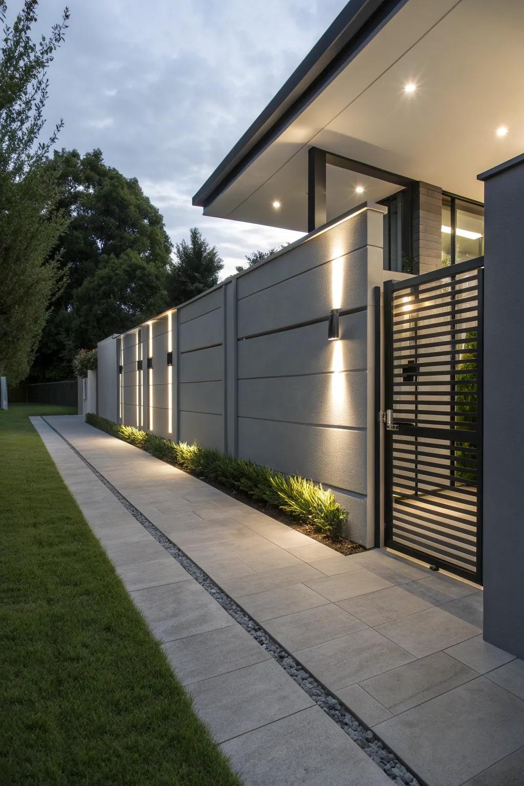 A driveway wall featuring sleek metal accents and a modern design.