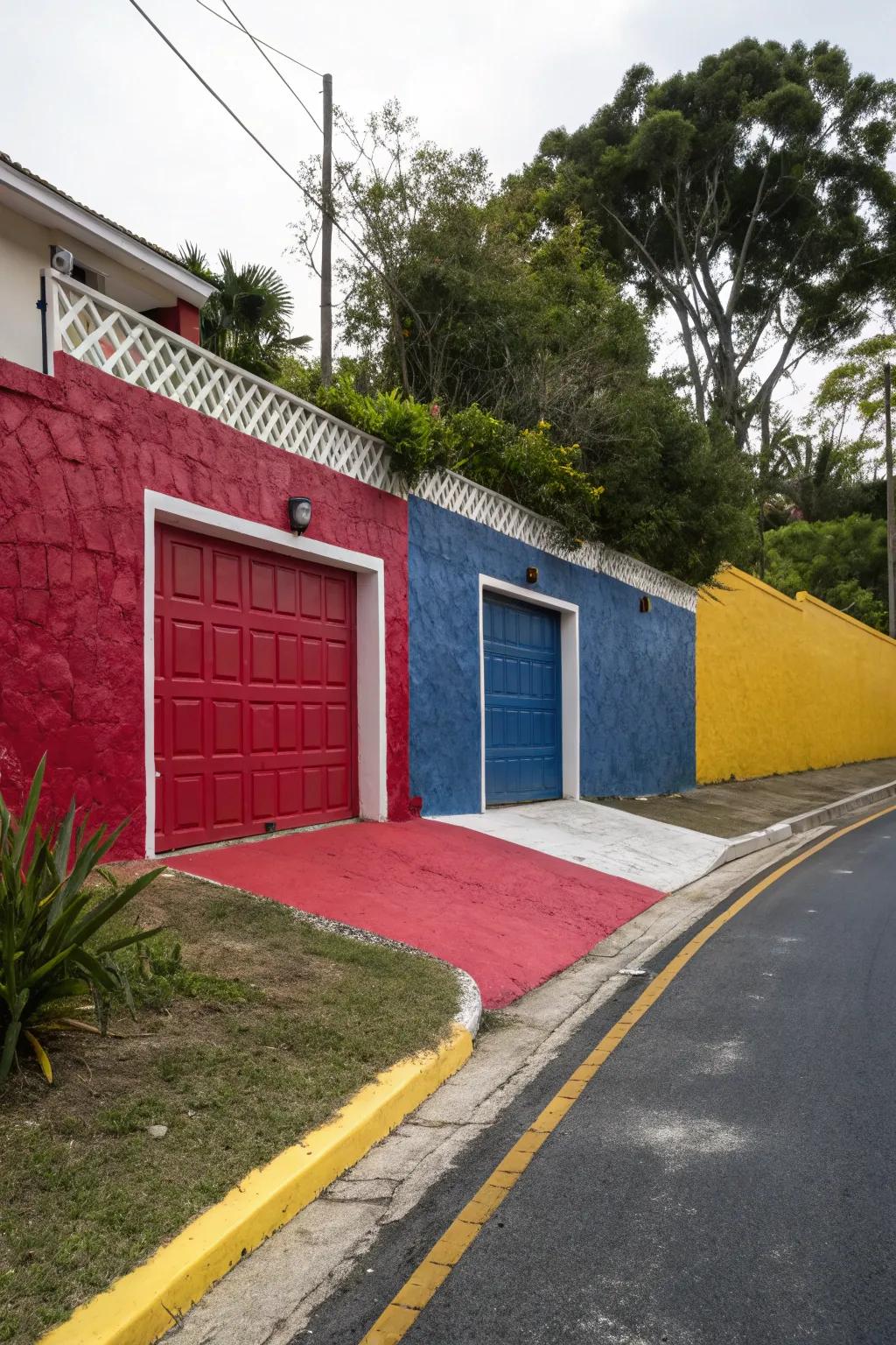 A driveway wall painted in bold colors with contrasting details.
