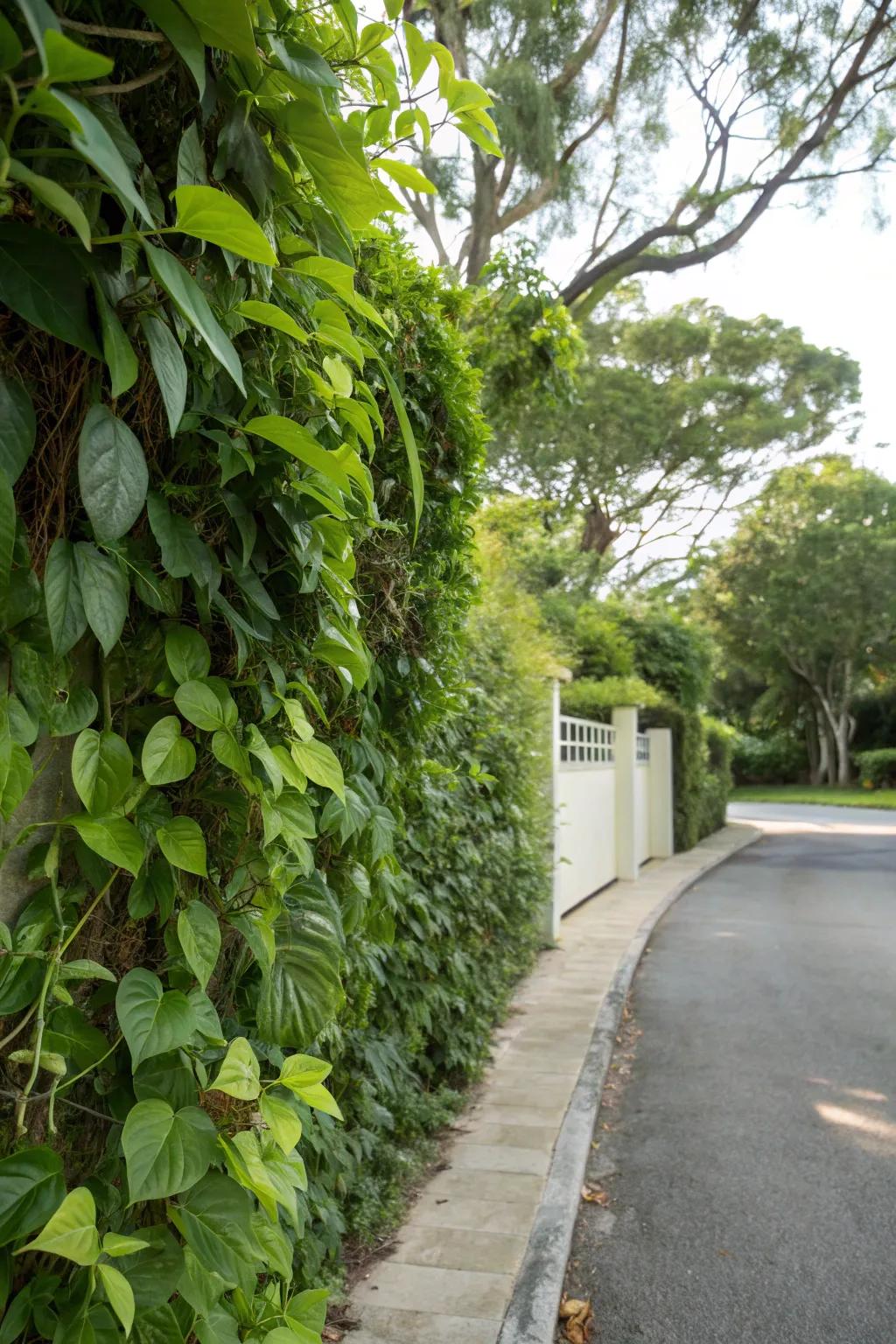 A driveway wall adorned with lush, green living plants.